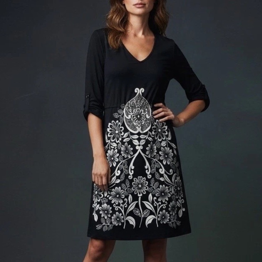 Womens XS SOMA Maxi Dress Black White Floral Scroll Loungewear Soft Bohomian